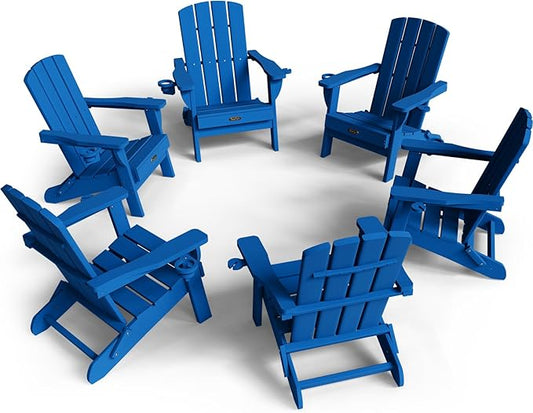 Folding Adirondack Chair 6 Pack, HDPE All-Weather Fire Pit Chairs, Plastic Adirondack Chairs with 2 Cup Holder, Outdoor Lawn Chair for Patio Garden (Royal Blue)