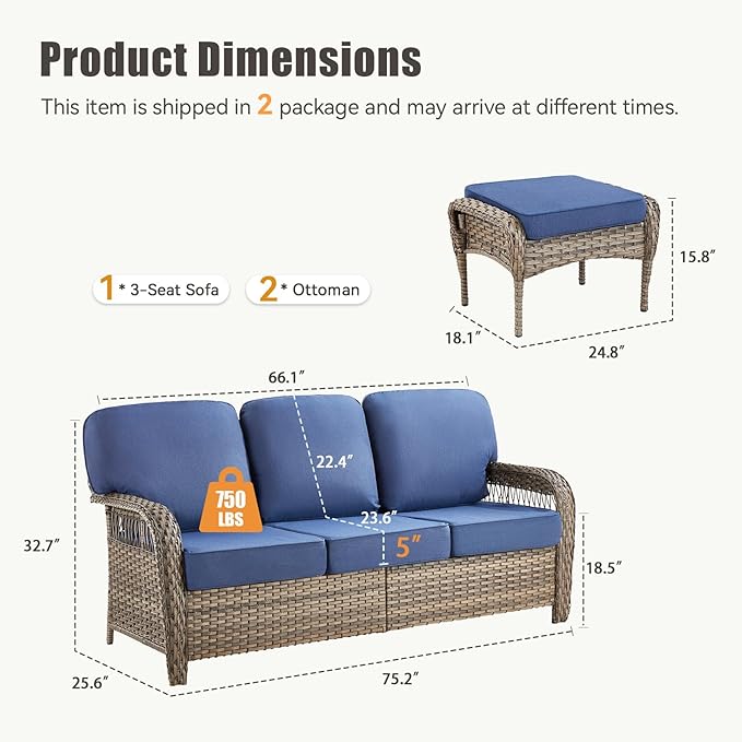 3 Pieces Patio Furniture Sofa Set, Wicker Sectional Outdoor Sofa with Ottomans - Photo 2