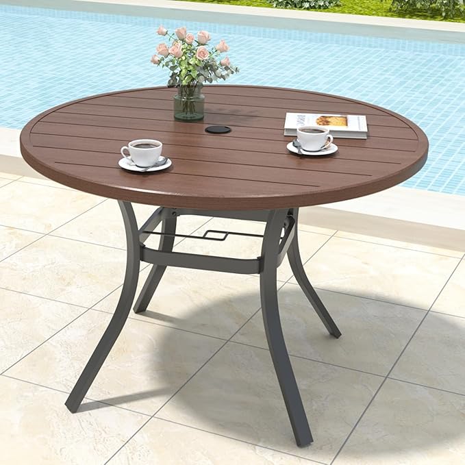 Round Outdoor Dining Table, 41-inch All-Weather Patio Table with Adjustable Umbrella Hole for Deck Lawn Garden Backyard Balcony Deck, Metal Frame Slatted Tabletop