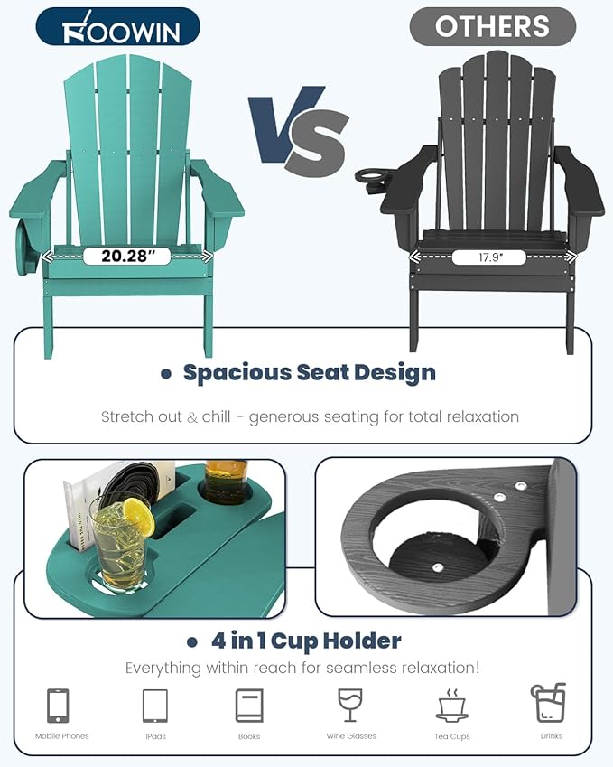FOOWIN Folding Adirondack Chair Set of 8, HDPE Adirondack Chairs with Cup Holder - Photo 4