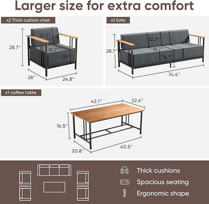 Patio Furniture Set of 6,with 10-inch Thick Cushion Outdoor Furniture Set,Patio Chair Set with Sofa,Wood Grain armrests,trapezoidal backrest,Indoor/Outdoor Balcony Seating,Dark Gray | Gray
