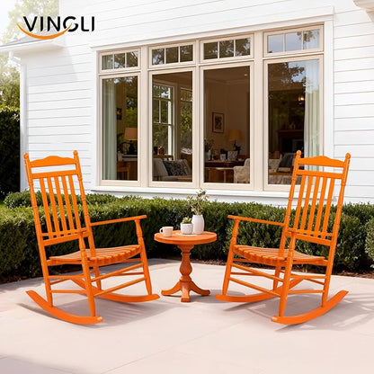 VINGLI Wooden Rocking Chair, Outdoor Chair with 450 lbs Support, Relaxing Rocker with Solid Wood High Back Seat Reclining Seat for Deck, Garden, Backyard, Porch, Indoor or Outdoor Use (Orange, 1PC)