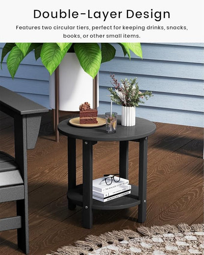 HDPE Outdoor Side Table for Patio, 18.1-Inch Weatherproof Small Outdoor Table for Adirondack, 2-Tier Round End Table for Garden Backyard Porch Deck Balcony Poolside, Black