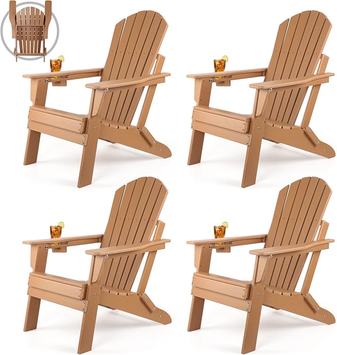 FUNBERRY Folding Adirondack Chair Set of 4, HDPE All Weather Fire Pit Chairs with Cup Holder for Outdoor