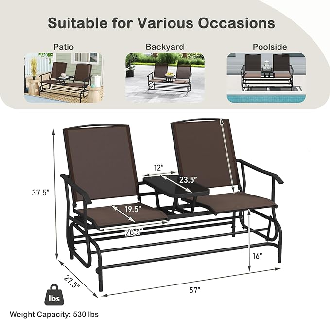 Tangkula 2 Person Swing Glider Chair, Patio Rocking Loveseat w/Center Tempered Glass Table, Outdoor Swing Bench w/Steel Frame & Breathable Mesh Fabric for Porch, Balcony, Poolside (Brown)