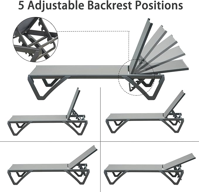 Domi Patio Chaise Lounge Chair Set of 3, Outdoor Aluminum Polypropylene Sunbathing Chair with 5 Adjustable Position - Photo 6