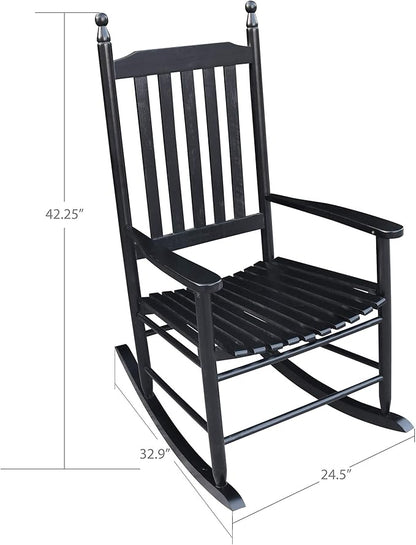 Wood Rocking Chair with High Back and Armrest for Indoor Outdoor Use, Wooden Frame Patio Porch Rocking Chair with Rocker, Front Porch Chairs for Deck Garden Lawn Balcony Backyard, Black