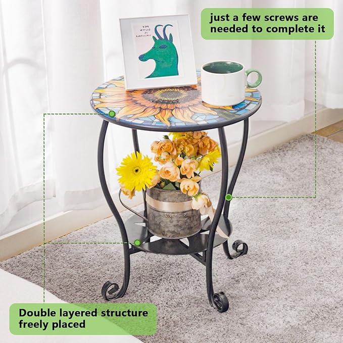 Outdoor Side Table Mosaic Patio Small End Table Metal Coffee Tea Accent Table for Patio Living Room Bedroom Yard Porch - Photo 6