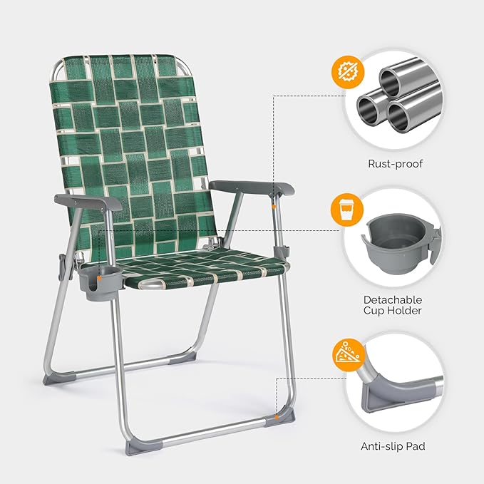 VINGLI Folding Aluminum Webbed Lawn Chairs with Detachable Cup Holder, High Beach Chair for Adults Heavy Duty - Photo 5