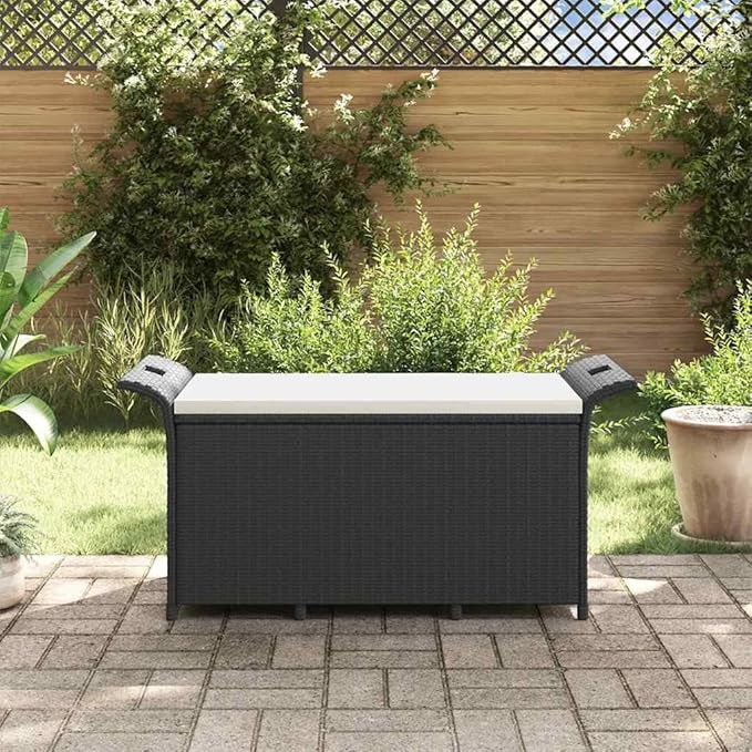Garden Bench Black Polyethylene Rattan Look, Outdoor Storage Deck Box, Weatherproof Patio Furniture for 2 People, 45.7x45.7x22.4 in, Modern Design Patio Bench