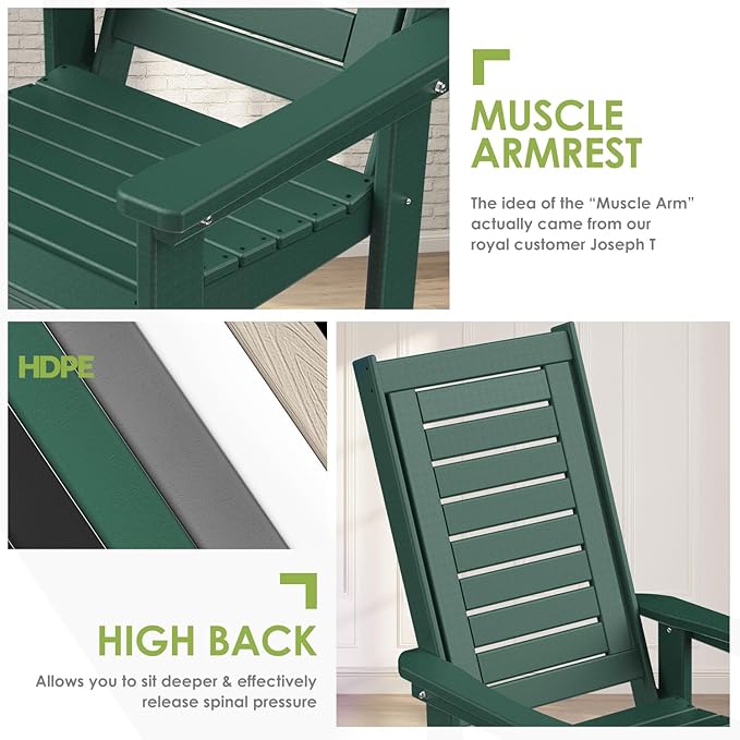 GREENVINES Outdoor Rocking Chairs | Set of 4 | Porch Rocker | HDPE Plastic | Forest | Oversized Rockers | High Back - Photo 7