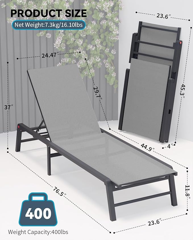 Aluminum Chaise Lounge Chair Outdoor, Foldable Patio Lounge Chair Assemble-Free - Photo 2