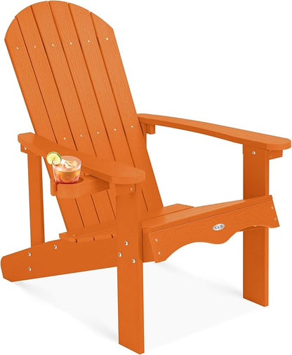 Y&M Adirondack Chair, Orange Fire Pit Chairs, Outdoor Patio Chairs with Cup Holder, Weather Resistant HDPE Wooden Textured Patio Chairs, Perfect for Garden, Lawn, Deck, or Poolside