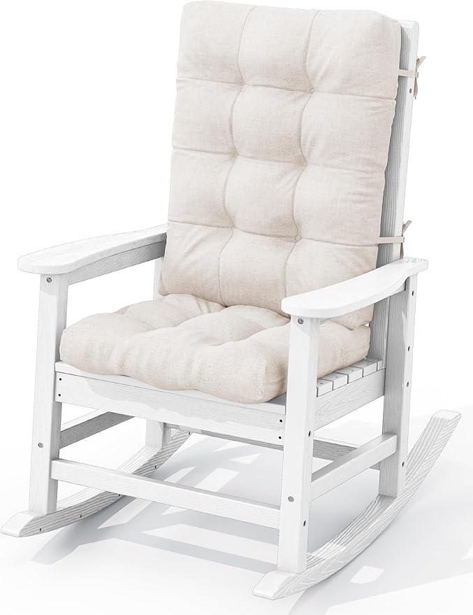 KINGYES Oversized Outdoor Rocking Chair with Cushion, All-Weather Patio Rocking Chairs, HDPE Porch Rocker for Adults, 350 lbs Capacity, White Chair with Beige Cushion