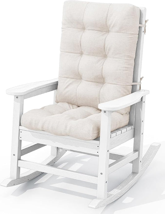 KINGYES Oversized Outdoor Rocking Chair with Cushion, All-Weather Patio Rocking Chairs, HDPE Porch Rocker for Adults, 350 lbs Capacity, White Chair with Beige Cushion
