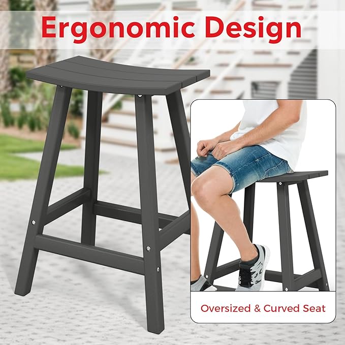 Costaelm All-Weather Bar Stools Set of 3, 24" Height Outdoor Bar Stools, Adirondack Poly Patio Bar Stool for Patio, Deck, Kitchen Counter and Garden, Gray