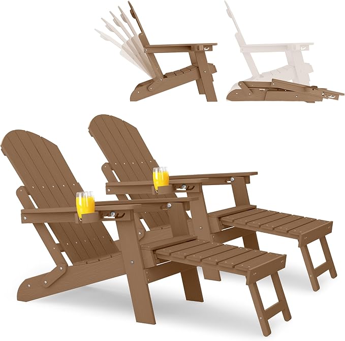 YEFU Adirondack Chair with Retractable Ottoman: Folding Adirondack Chairs Set of 2-5-Level Adjustable Backrest with Footrest - Fire Pit Chairs - Cup Holder - Outdoor Plastic Chair for Patio