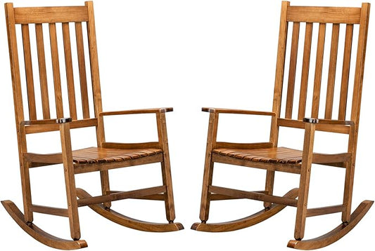 VINGLI 2PCS Wood Rocking Chairs Relaxing Rocker Real Wood High Back Seat for Deck, Garden, Backyard, Porch, Indoor or Outdoor Use, Oak