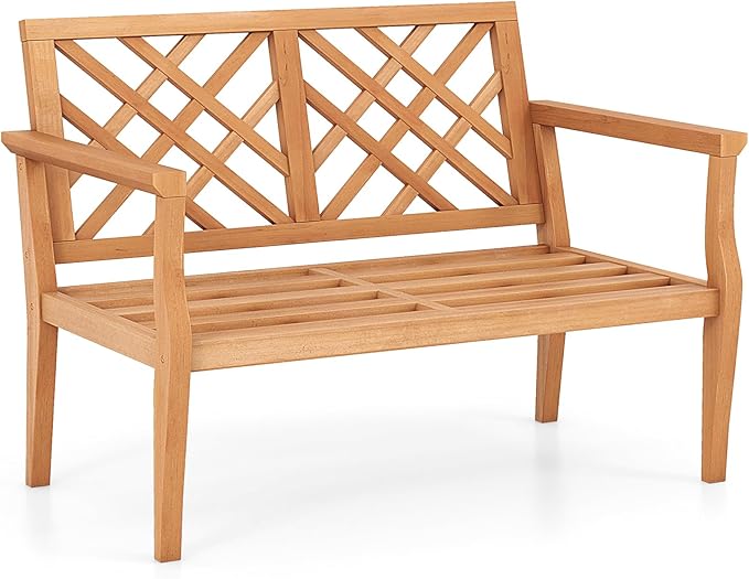 Tangkula Outdoor Garden Bench, 2-Person Teak Wood Bench with Comfy Armrests and Backrest, Slatted Seating Area, 800 LBS Weight Capacity, Patio Wood Loveseat Chair for Porch, Backyard, Park, Natural