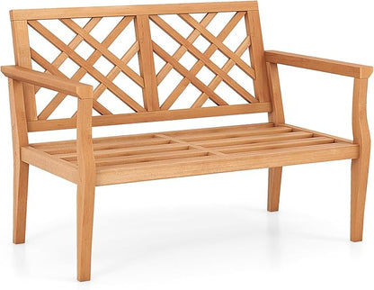 Tangkula Outdoor Garden Bench, 2-Person Teak Wood Bench with Comfy Armrests and Backrest, Slatted Seating Area, 800 LBS Weight Capacity, Patio Wood Loveseat Chair for Porch, Backyard, Park, Natural