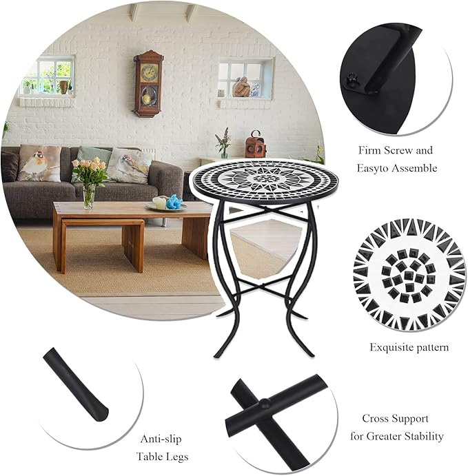 VCUTEKA Mosaic Outdoor Side Table, 14" Round Small Patio Accent Table Indoor End Table for Yard, Garden, Living Room - Photo 4
