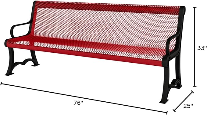 COATEDOUTDOORFURNITURE Coated Outdoor Furniture Heavy-Duty Outdoor Bench Thermoplastic Coated, Expanded Metal, Commercial-Grade Garden Bench, Made in America (Portable with Back, 4 Ft, Textured Red)