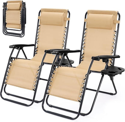 NEWBULIG Zero Gravity Chair Set of 2, Lounge Chair Folding Portable Adjustable Camping Reclining Chairs with Adjustable Pollow, Mesh Back, Cup Holder Trays Lawn Patio Chair for Pool Beach