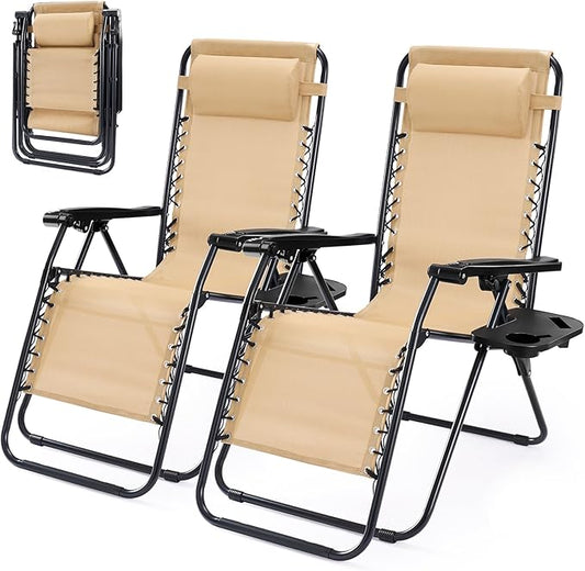 NEWBULIG Zero Gravity Chair Set of 2, Lounge Chair Folding Portable Adjustable Camping Reclining Chairs with Adjustable Pollow, Mesh Back, Cup Holder Trays Lawn Patio Chair for Pool Beach