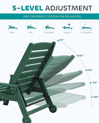 SERWALL Patio Chaise Lounge Chair, 78'' Long HDPE 5 Positions Adjustable Outdoor Lounger, Poly Lounge Chair with Rolling Wheels & Cup Holder for Pool, Dark Green