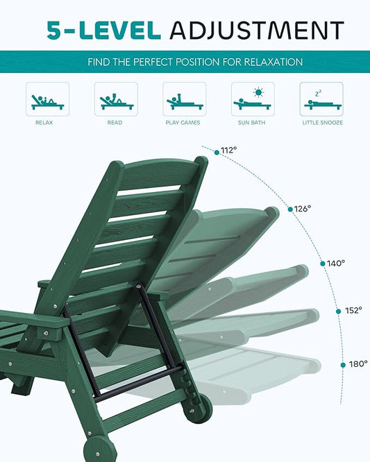 SERWALL Patio Chaise Lounge Chair, 78'' Long HDPE 5 Positions Adjustable Outdoor Lounger, Poly Lounge Chair with Rolling Wheels & Cup Holder for Pool, Dark Green