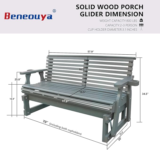 5FT Outdoor Glider with Cupholders, High Roll Back, 3-Seater Glider Chair, Outdoor Glider Bench with 800 LBS Capacity for Backyard, Porch, Balcony, Grey
