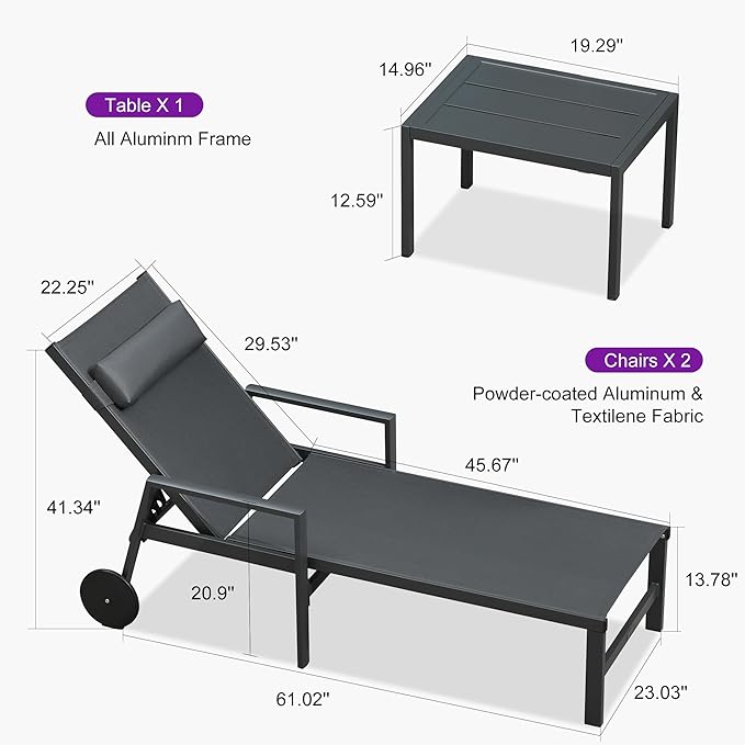 PURPLE LEAF Patio Lounge Chair Set Outdoor Chaise Lounger Aluminum Frame with Armrest 2 Side Table and Wheels for Pool Outside Sunbathing Tanning Recliner Including Pillows Gray