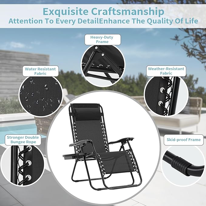 Zero Gravity Chair Set of 2, Folding Reclining Zero Gravity Recliner Lounge Chair 330lbs with Pillow and Cup Holder Trays, Steel Mesh Outdoor recliners for Patio Poolside Backyard Beach (Black)