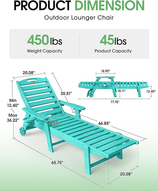 Chaise Lounge Outdoor, Lounge Chair Outdoor with Wood Texture, Adjustable 5-Position Backrest, HDPE Lounge Chair with Wheels & Cup Holder for Pool Deck Backyard,Lake Blue