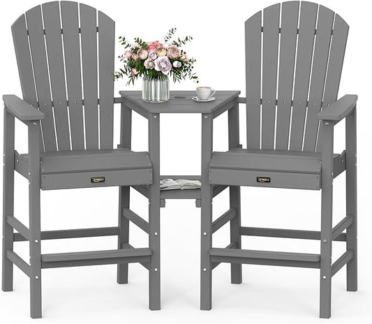 VINGLI Tall Adirondack Chairs Set of 2, All Weather HDPE Bar Height Adirondack Chair with Double Trays, Adirondack Barstools for Balcony, Poolside, Backyard and Patio (Grey)