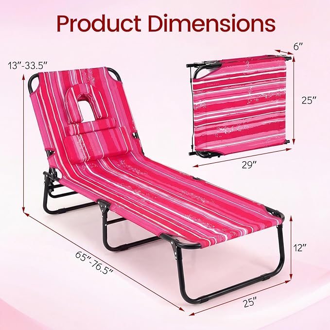 Tangkula Beach Lounge Chair, Folding Sunbathing Recliner with Face Hole, Face Down Tanning Chair with 4-Level Adjustable Backrest & 3 Removable Pillows, Chaise Lounge Chair for Patio (1, Pink Stripe)