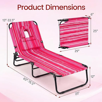 Tangkula Beach Lounge Chair, Folding Sunbathing Recliner with Face Hole, Face Down Tanning Chair with 4-Level Adjustable Backrest & 3 Removable Pillows, Chaise Lounge Chair for Patio (1, Pink Stripe)