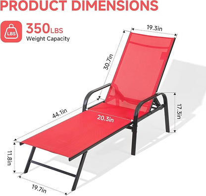 DUMOS Foldable Chaise Lounge Chair, 5-Position Beach Lounge Recliner Chair with Armrests, Outdoor Sun Chairs with Metal Frame for Patio Backyard Poolside Seating, Red