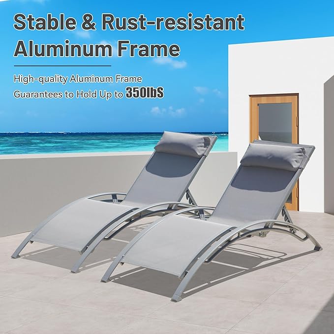 Outdoor Chaise Lounge Set of 2, Aluminum Patio Outdoor Lounge Chair for Beach Pool Sunbathing, Lawn Lounger Recliner Chair with 5 Adjustable Position, Outside Tanning Chairs with Armrest, Grey