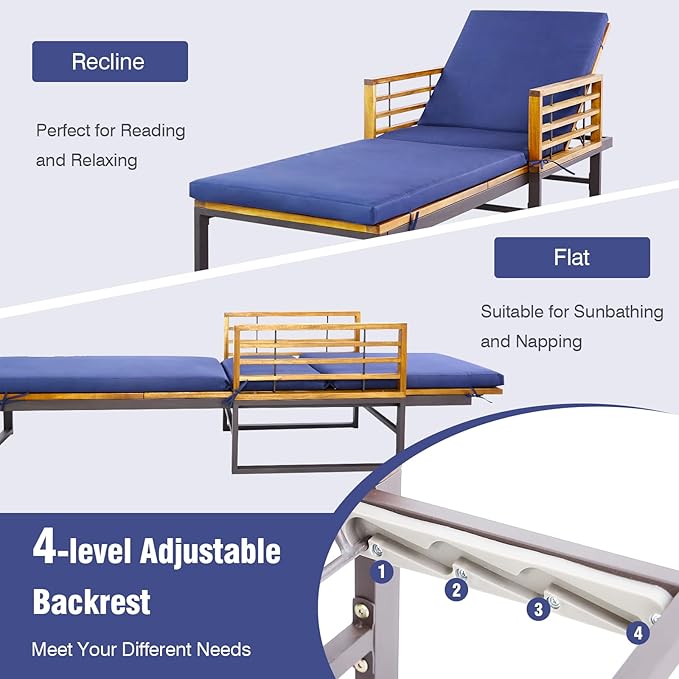 Tangkula Acacia Wood Patio Lounge Chair, Heavy Duty Outdoor Chaise Recliner with with 4 Level Adjustable Backrest, Foam-Padded Cushion, 800 lbs Weight Capacity, for Poolside, Garden, Deck (1, Navy)