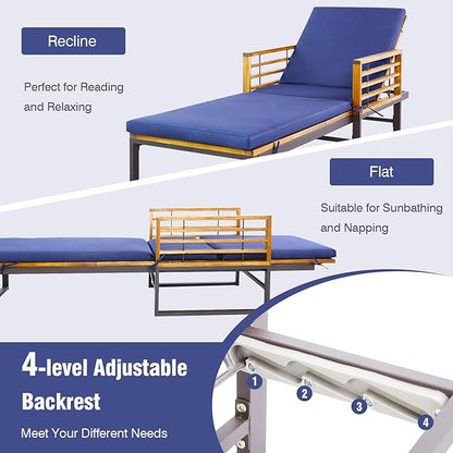 Tangkula Acacia Wood Patio Lounge Chair, Heavy Duty Outdoor Chaise Recliner with with 4 Level Adjustable Backrest, Foam-Padded Cushion, 800 lbs Weight Capacity, for Poolside, Garden, Deck (1, Navy)