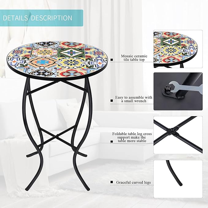 VCUTEKA Mosaic Outdoor Side Table - Small Patio Table Coffee Outside Accent Tables Round End Plant Tables for Bistro - Photo 4