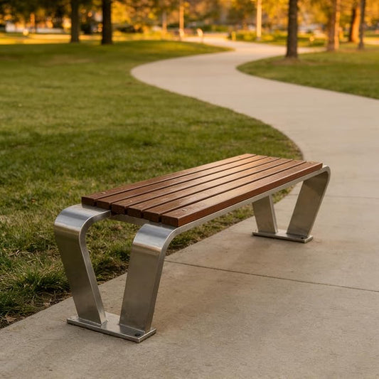 Outdoor Garden Bench, Metal Garden Bench, Stainless Steel and Wood-Look Finish, High Load Capacity, for Balcony, Pool, Lawn, Porch, Outside Brown 100cm/39.4in