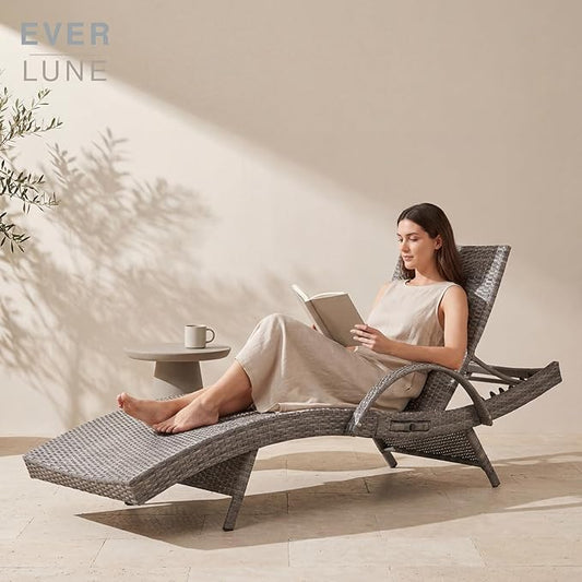 Set of 4 Gray Outdoor Chaise Lounge Chairs, Wicker Patio Lounge Chairs with Adjustable Backrest and Armrests, Durable PE Rattan Pool Chair for Patio, Poolside and Garden