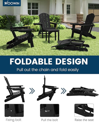 FOOWIN Folding Adirondack Chair Set of 4, HDPE Adirondack Chairs with Cup Holder, Weather Resistant Plastic Fire Pit Chairs for Outdoor, Patio, Lawn, Garden, Backyard, Deck, Black