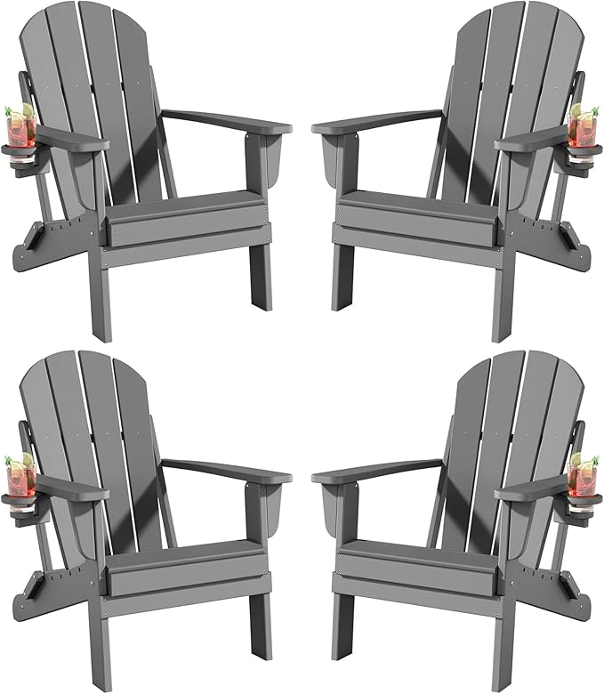 Folding Adirondack Chairs Set of 4, All-Weather Resistant HDPE Patio Firepit Chairs, Sturdy Outside Chairs with Cup Holder, Lawn Chairs, 80% Pre-Installed Load Capacity 385lb, Slate Grey
