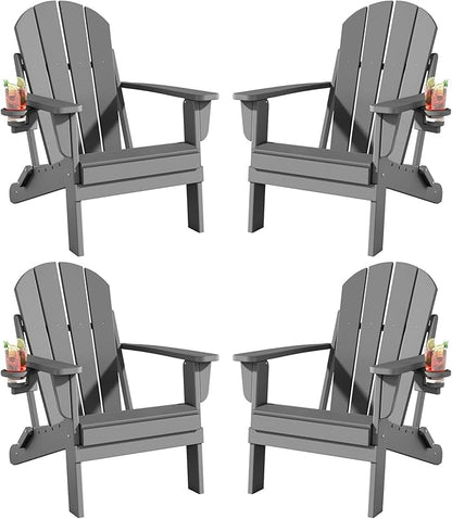 Folding Adirondack Chairs Set of 4, All-Weather Resistant HDPE Patio Firepit Chairs, Sturdy Outside Chairs with Cup Holder, Lawn Chairs, 80% Pre-Installed Load Capacity 385lb, Slate Grey
