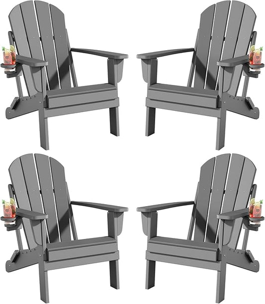 Folding Adirondack Chairs Set of 4, All-Weather Resistant HDPE Patio Firepit Chairs, Sturdy Outside Chairs with Cup Holder, Lawn Chairs, 80% Pre-Installed Load Capacity 385lb, Slate Grey