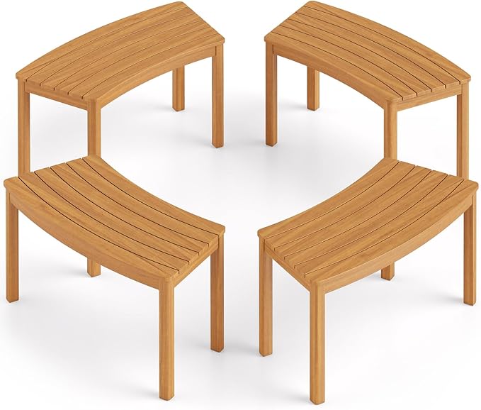Tangkula Acacia Wood Outdoor Curved Bench Set of 4, Patio Garden Backless Fire Pit Bench with 1600 lbs Weight Capacity - Photo 9