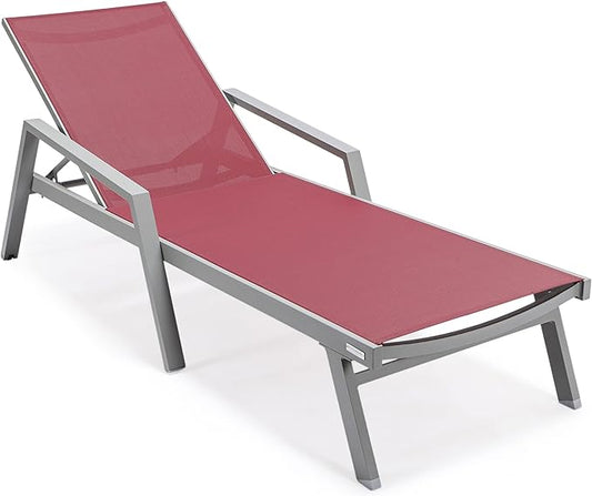 LeisureMod Marlin Patio Chaise Lounge Chair, Adjustable Outdoor Grey Aluminum Lounge with Breathable Mesh Sling Back, Lightweight Poolside Reclining Sun Lounger Weather & UV Resistant (Burgundy)